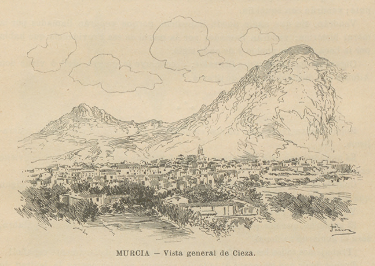 Vista general de Cieza (Murcia), grabado histórico publicado en 1902.
