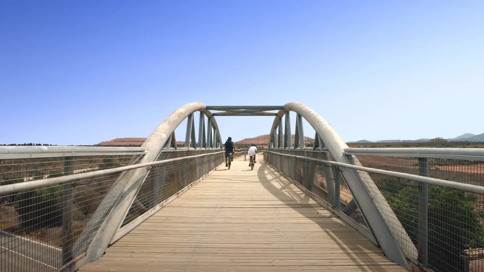 Puente de fábrica sobre el cauce del río Guadalentín, principal obra del antiguo trazado ferroviario Totana-Cartagena, visto entre los frutales del Campo de Cartagena bajo cielo despejado