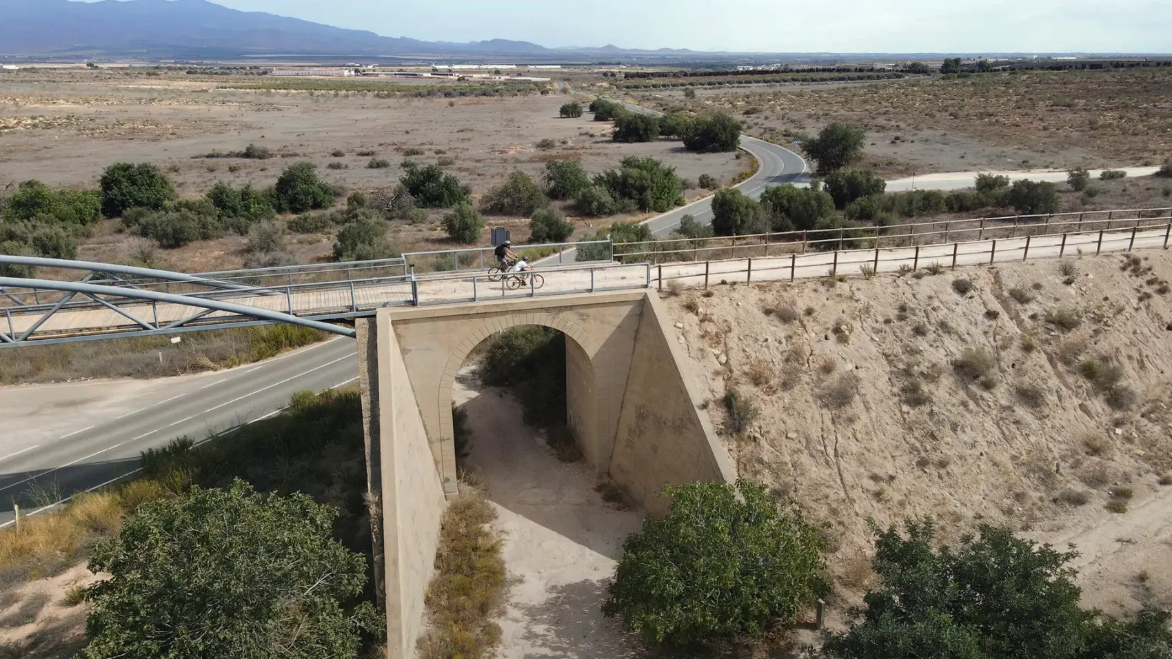 Puente de fábrica sobre el cauce del río Guadalentín, principal obra del antiguo trazado ferroviario Totana-Cartagena, visto entre los frutales del Campo de Cartagena bajo cielo despejado